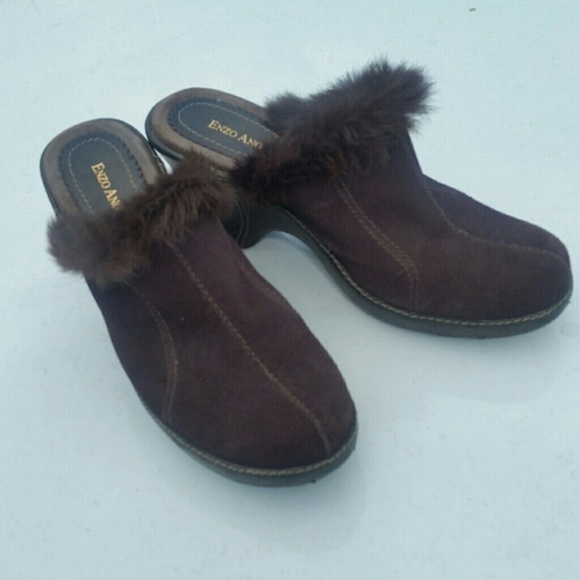 Enzo Angiolini Brown Suede Fur Trimmed Clogs EUC - Picture 3 of 8
